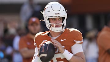 Nov 23, 2024; Austin, Texas, USA; Texas Longhorns quarterback Arch Manning (16) warms up before a game against the Kentucky Wildcats at Darrell K Royal-Texas Memorial Stadium.