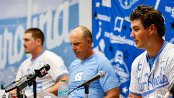 Jun 8, 2025; Chapel Hill, NC, USA;  North Carolina head coach Scott Forbes, pitcher Jake Knapp (42) and first baseman Hunter Stokley (45) interview with the media after a Super Regionals game against North Carolina in Chapel Hill, North Carolina. Scott Forbes also celebrates his 200th win. Mandatory Credit: Jaylynn Nash-Imagn Images
