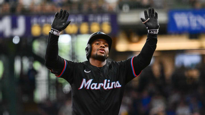 Miami Marlins shortstop Xavier Edwards (63) reacts after hitting a solo home run in the first inning against the Milwaukee Brewers at American Family Field on July 28.