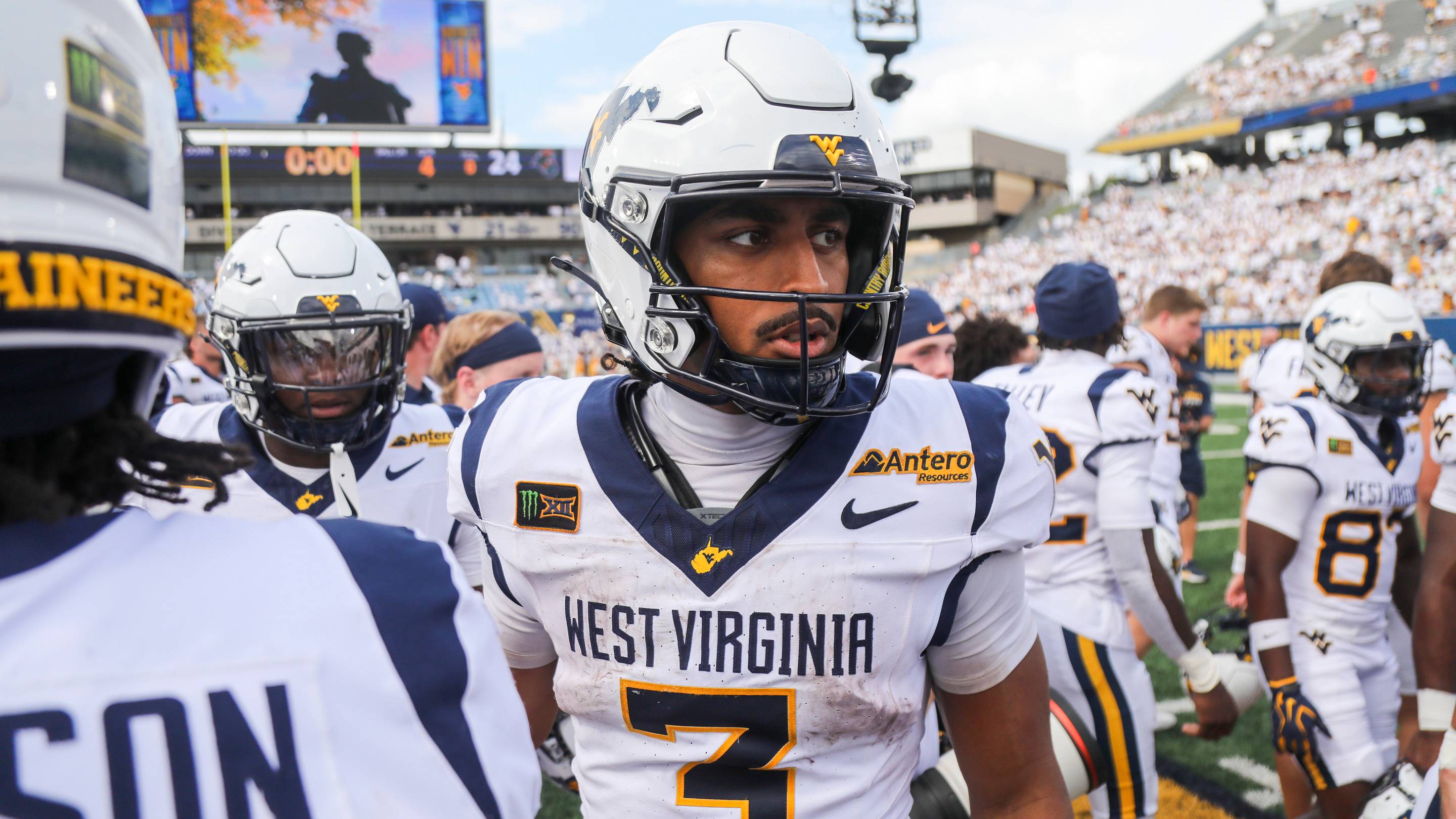 Sep 5, 2026; Morgantown, West Virginia, USA; West Virginia Mountaineers quarterback Michael Hawkins Jr. (3) after the game against the Coastal Carolina Chanticleers at Milan Puskar Stadium. Mandatory Credit: Ben Queen-Imagn Images | IMAGN IMAGES via Reuters Connect