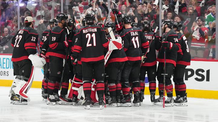 May 23, 2026; Raleigh, North Carolina, USA; The Carolina Hurricanes celebrate after scoring an overtime goal against the Montréal Canadiens in game two of the Eastern Conferene Final of the 2026 Stanley Cup Playoffs at Lenovo Center. Mandatory Credit: James Guillory-Imagn Images