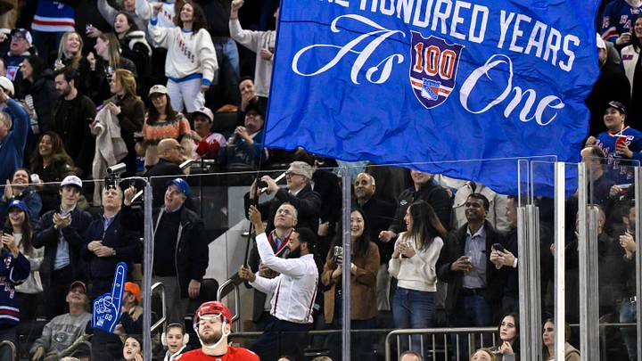 Nov 16, 2025; New York, New York, USA; General view of a flag being waved by New York Rangers staff during the second period against the Detroit Red Wings at Madison Square Garden. 