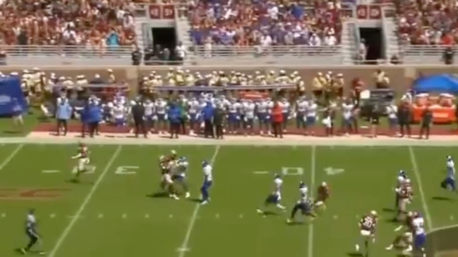 Florida State punt returner Lawayne McCoy muffs the punt after colliding with his teammate during the first half of Saturday's game against Memphis.  | Screengrab Twitter @NMDgrant