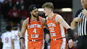 Jan 14, 2025; Bloomington, Indiana, USA; Illinois Fighting Illini guard Kylan Boswell (4) and Illinois Fighting Illini guard Kasparas Jakucionis (32) celebrate after a play during the first half against the Indiana Hoosiers at Simon Skjodt Assembly Hall. Mandatory Credit: Robert Goddin-Imagn Images