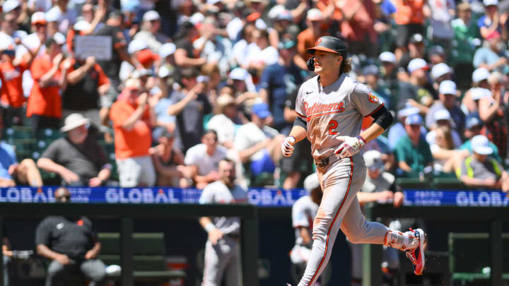 Baltimore Orioles shortstop Gunnar Henderson (2) runs towards home plate after hitting a 2-run home run against the Seattle Mariners during the third inning at T-Mobile Park on July 4.