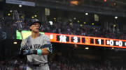 May 31, 2024; San Francisco, California, USA; New York Yankees designated hitter Aaron Judge (99) stands in the on-deck circle during the fifth inning against the San Francisco Giants at Oracle Park. Mandatory Credit: Darren Yamashita-USA TODAY Sports