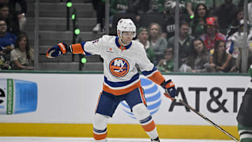 Oct 12, 2024; Dallas, Texas, USA; New York Islanders right wing Oliver Wahlstrom (26) in action during the game between the Dallas Stars and the New York Islanders at the American Airlines Center. Mandatory Credit: Jerome Miron-Imagn Images