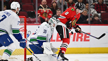 Feb 13, 2024; Chicago, Illinois, USA; Chicago Blackhawks forward Ryan Donato (8) screens Vancouver Canucks goaltender Thatcher Demko (35) on a shot in the third period at United Center. Mandatory Credit: Jamie Sabau-Imagn Images