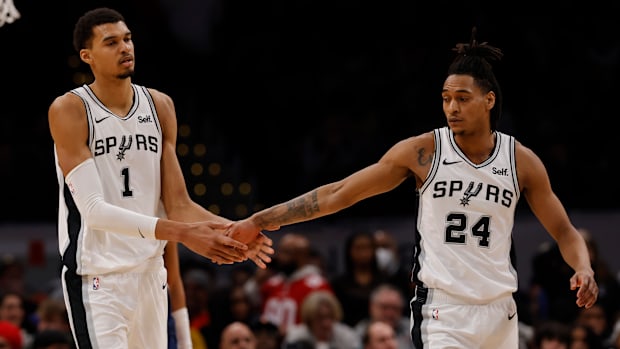 Jan 20, 2024; Washington, District of Columbia, USA; San Antonio Spurs center Victor Wembanyama (1) celebrates with San Anton