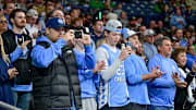 North Carolina fans watch during player introductions before the game between the Notre Dame Fighting Irish and the North Carolina Tar Heels at the Purcell Pavilion. 