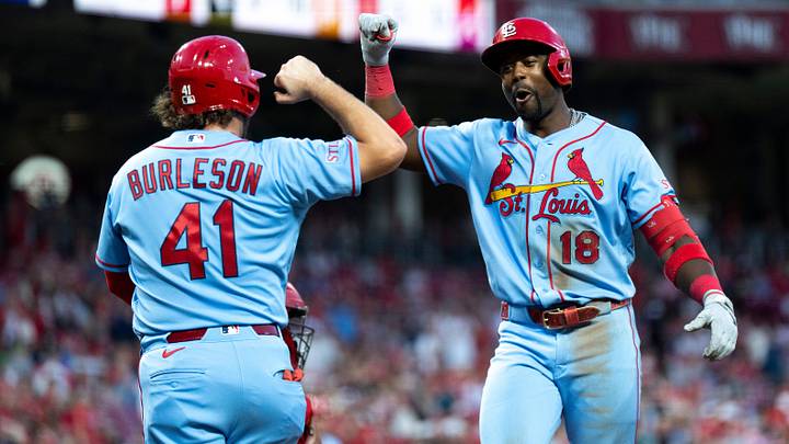 St. Louis Cardinals outfielder Jordan Walker (18) is greeted by St. Louis Cardinals first baseman Alec Burleson (41) after hitting a 3-run home run in the sixth inning between the St. Louis Cardinals and Cincinnati Reds at Great American Ball Park in Cincinnati on Saturday, May 23, 2026.
