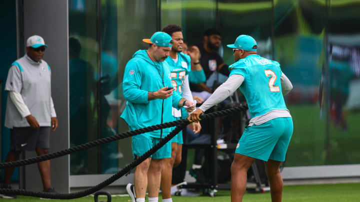 Miami Dolphins linebacker Bradley Chubb (2) works out during training camp at Baptist Health Training Complex.