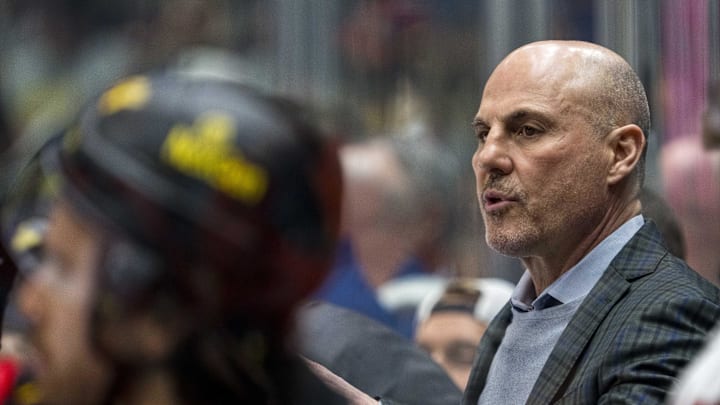 Jan 18, 2025; Vancouver, British Columbia, CAN; Vancouver Canucks head coach Rick Tocchet on the bench against the Edmonton Oilers in the second period at Rogers Arena. Mandatory Credit: Bob Frid-Imagn Images