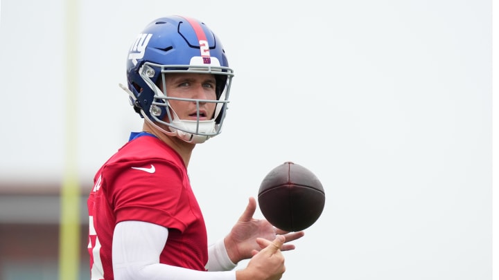 Jul 25, 2024; East Rutherford, NY, USA; New York Giants quarterback Drew Lock (2) looks on during training camp at Quest Diagnostics Training Center.  