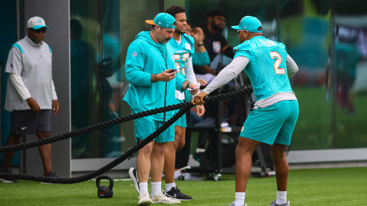 Miami Dolphins linebacker Bradley Chubb (2) works out during training camp at Baptist Health Training Complex in July.