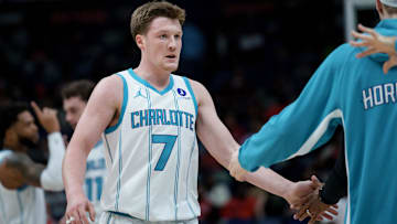 Nov 4, 2025; New Orleans, Louisiana, USA; Charlotte Hornets guard Kon Knueppel (7) reacts after a three point basket during the first half 
