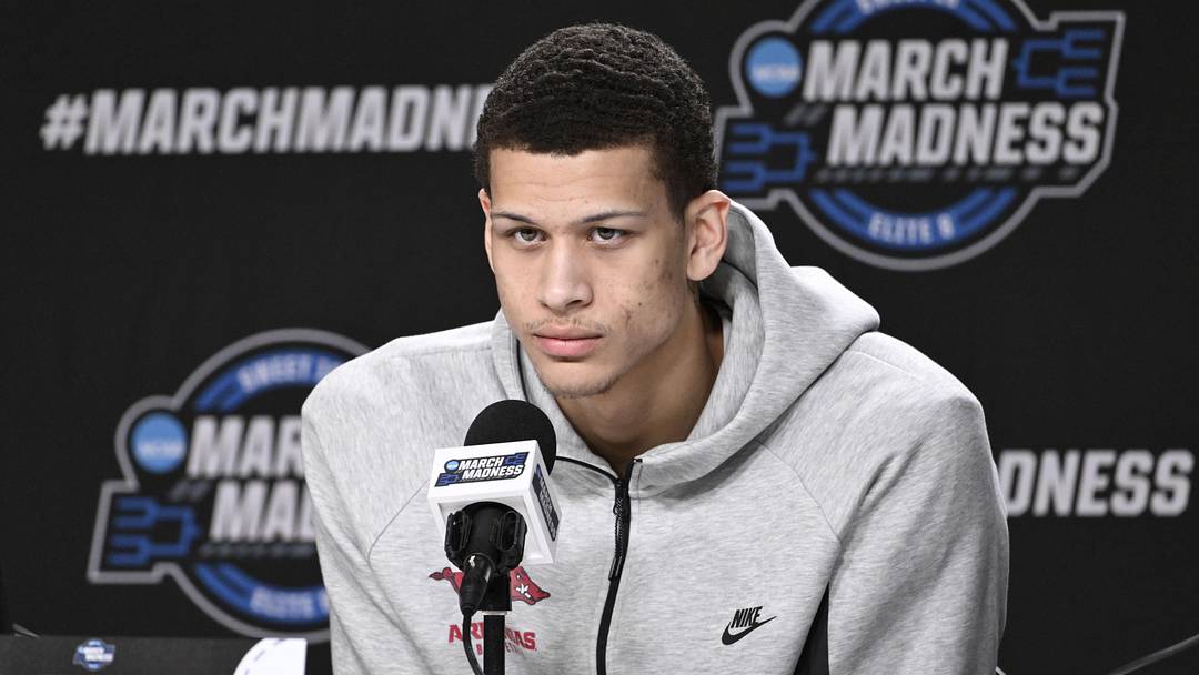 Mar 25, 2026; San Jose, CA, USA; Arkansas Razorbacks forward Trevon Brazile (7) addresses the media in a press conference during a practice session ahead of the west regional of the men's 2026 NCAA Tournament at SAP Center. Mandatory Credit: Eakin Howard-Imagn Images