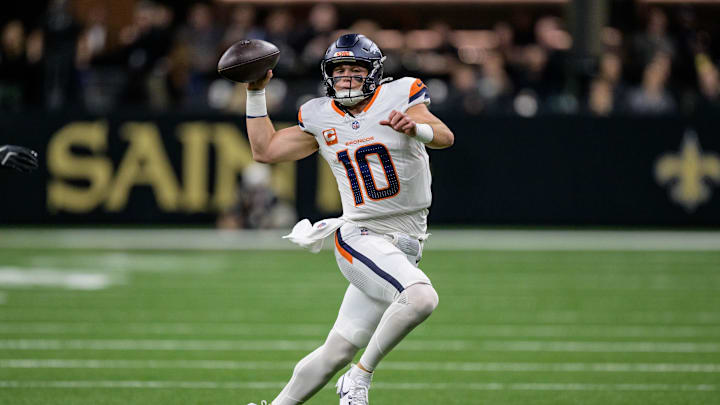 Bo Nix during the Broncos game against the Saints. Bo Nix during the Broncos game against the Saints.