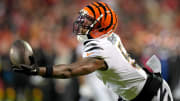 Cincinnati Bengals wide receiver Tee Higgins (5) gets his hand on a deep pass in the third quarter during a Week 17 NFL football game between the Cincinnati Bengals and the Kansas City Chiefs, Sunday, Dec. 31, 2023, at GEHA Field at Arrowhead Stadium in Kansas City, Mo. The Kansas City Chiefs won, 25-17.