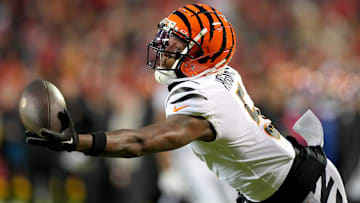 Cincinnati Bengals wide receiver Tee Higgins (5) gets his hand on a deep pass in the third quarter during a Week 17 NFL football game between the Cincinnati Bengals and the Kansas City Chiefs, Sunday, Dec. 31, 2023, at GEHA Field at Arrowhead Stadium in Kansas City, Mo. The Kansas City Chiefs won, 25-17.