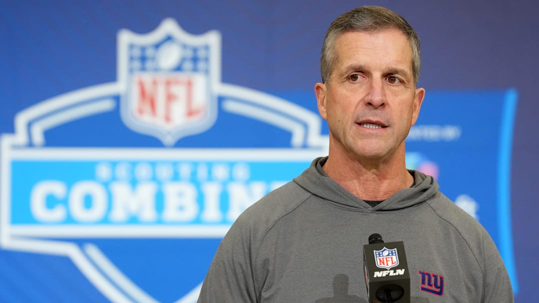 Feb 24, 2026; Indianapolis, IN, USA; New York Giants coach John Harbaugh speaks at the NFL Scouting Combine at the Indiana Convention Center. Mandatory Credit: Kirby Lee-Imagn Images