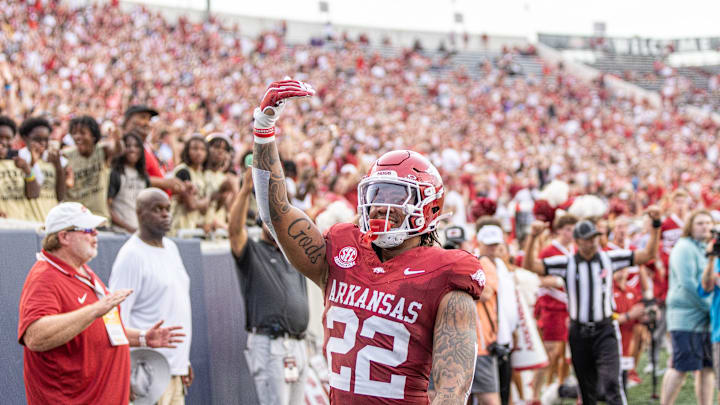 Arkansas Razorbacks running back Ja'Quinden Jackson in the end zone against UAPB in Little Rock.