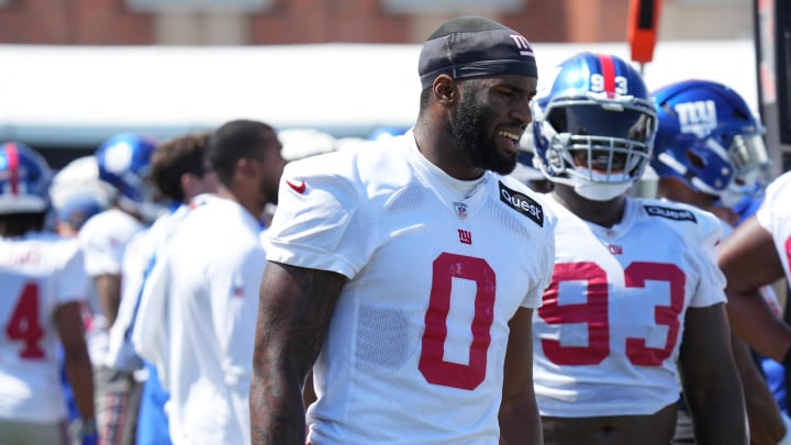 Jul 26, 2024; East Rutherford, NJ, USA; New York Giants linebacker Brian Burns (0) walks the sideline during training camp at Quest Diagnostics Training Center.  