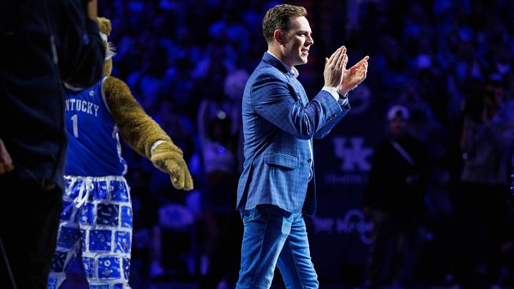 Dec 2, 2025; Lexington, Kentucky, USA; Incoming Kentucky Wildcats head football coach Will Stein is introduced during the first half against the North Carolina Tar Heels at Rupp Arena at Central Bank Center. Mandatory Credit: Jordan Prather-Imagn Images