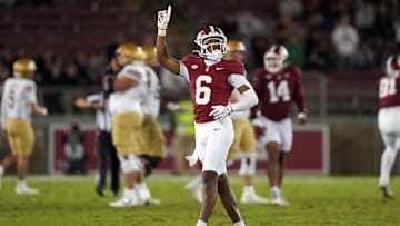 Sep 13, 2025; Stanford, California, USA; Stanford Cardinal cornerback Collin Wright (6) during the fourth quarter against the Boston College Eagles at Stanford Stadium. Mandatory Credit: Darren Yamashita-Imagn Images
