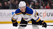 Mar 5, 2025; Los Angeles, California, USA;  St. Louis Blues center Dylan Holloway (81) prepares for a face-off against the Los Angeles Kings during the third period at Crypto.com Arena. Mandatory Credit: Alex Gallardo-Imagn Images