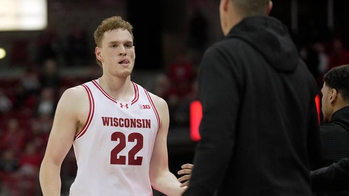 Austin Rapp (22) comes off the court during a Wisconsin men’s basketball scrimmage Sunday, October 19, 2025 at the Kohl Center in Madison, Wisconsin.