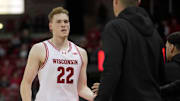 Austin Rapp (22) comes off the court during a Wisconsin men’s basketball scrimmage Sunday, October 19, 2025 at the Kohl Center in Madison, Wisconsin.