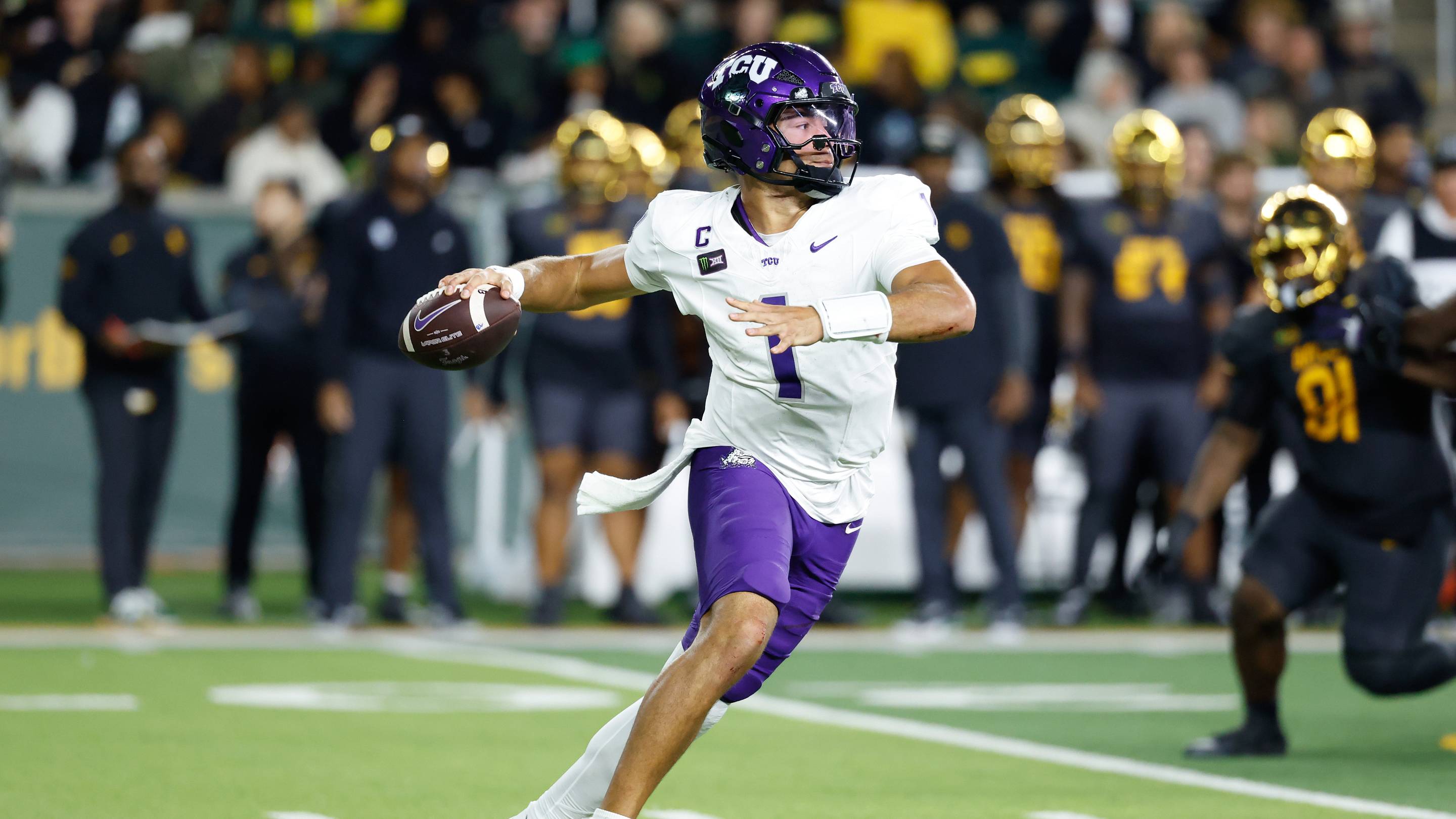 Oct 17, 2026; Waco, Texas, USA; TCU Horned Frogs quarterback Jaden Craig (1) throws a pass against the Baylor Bears during the second half at McLane Stadium. Mandatory Credit: Chris Jones-Imagn Images | IMAGN IMAGES via Reuters Connect