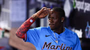 Jul 21, 2024; Miami, Florida, USA; Miami Marlins designated hitter Jazz Chisholm Jr. (2) salutes from the dugout after the game against the New York Mets at loanDepot Park.