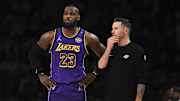 Oct 25, 2024; Los Angeles, California, USA; Los Angeles Lakers forward LeBron James (23) with Los Angeles Lakers head coach JJ Redick against the Phoenix Suns during the first half at Crypto.com Arena. Mandatory Credit: Jonathan Hui-Imagn Images