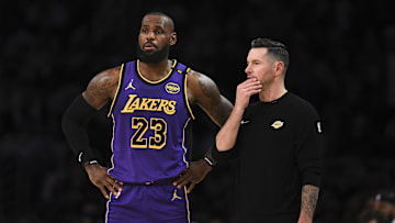 Oct 25, 2024; Los Angeles, California, USA; Los Angeles Lakers forward LeBron James (23) with Los Angeles Lakers head coach JJ Redick against the Phoenix Suns during the first half at Crypto.com Arena. Mandatory Credit: Jonathan Hui-Imagn Images