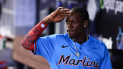 Jul 21, 2024; Miami, Florida, USA; Miami Marlins designated hitter Jazz Chisholm Jr. (2) salutes from the dugout after the game against the New York Mets at loanDepot Park. Mandatory Credit: Sam Navarro-USA TODAY Sports