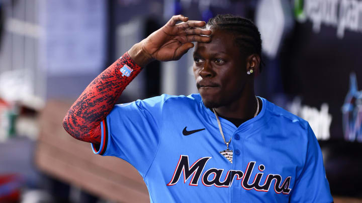 Jul 21, 2024; Miami, Florida, USA; Miami Marlins designated hitter Jazz Chisholm Jr. (2) salutes from the dugout after the game against the New York Mets at loanDepot Park. Mandatory Credit: Sam Navarro-USA TODAY Sports