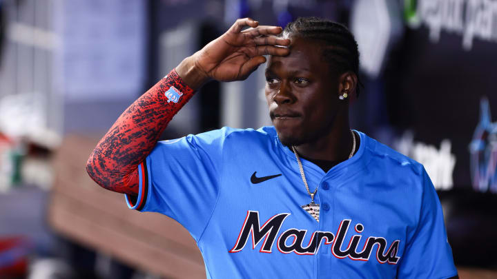 Jazz Chisholm Jr. (2) salutes from the dugout.