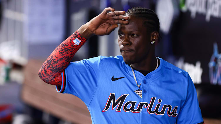 Jul 21, 2024; Miami, Florida, USA; Miami Marlins designated hitter Jazz Chisholm Jr. (2) salutes from the dugout after the game against the New York Mets at loanDepot Park. Mandatory Credit: Sam Navarro-USA TODAY Sports