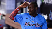 Jul 21, 2024; Miami, Florida, USA; Miami Marlins designated hitter Jazz Chisholm Jr. (2) salutes from the dugout after the game against the New York Mets at loanDepot Park. Mandatory Credit: Sam Navarro-USA TODAY Sports