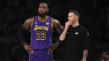 Oct 25, 2024; Los Angeles, California, USA; Los Angeles Lakers forward LeBron James (23) with Los Angeles Lakers head coach JJ Redick against the Phoenix Suns during the first half at Crypto.com Arena. Mandatory Credit: Jonathan Hui-Imagn Images