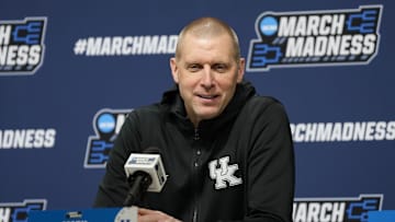 Mar 20, 2025; Milwaukee, WI, USA;  Kentucky Wildcats head coach Mark Pope speaks during an NCAA Tournament First Round Practice press conference at Fiserv Forum. Mandatory Credit: Jeff Hanisch-Imagn Images