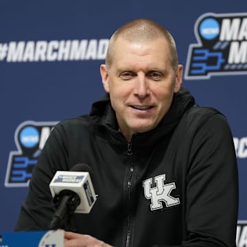 Mar 20, 2025; Milwaukee, WI, USA;  Kentucky Wildcats head coach Mark Pope speaks during an NCAA Tournament First Round Practice press conference at Fiserv Forum. Mandatory Credit: Jeff Hanisch-Imagn Images