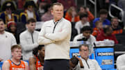Mar 23, 2025; Milwaukee, WI, USA;  Illinois Fighting Illini head coach Brad Underwood reacts during the first half in the second round of the NCAA Tournament against the Kentucky Wildcats at Fiserv Forum. Mandatory Credit: Jeff Hanisch-Imagn Images