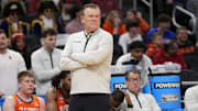Mar 23, 2025; Milwaukee, WI, USA;  Illinois Fighting Illini head coach Brad Underwood reacts during the first half in the second round of the NCAA Tournament against the Kentucky Wildcats at Fiserv Forum. Mandatory Credit: Jeff Hanisch-Imagn Images