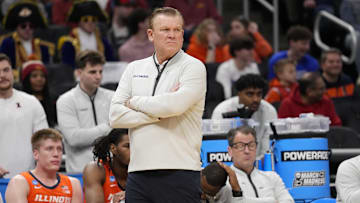 Mar 23, 2025; Milwaukee, WI, USA;  Illinois Fighting Illini head coach Brad Underwood reacts during the first half in the second round of the NCAA Tournament against the Kentucky Wildcats at Fiserv Forum. Mandatory Credit: Jeff Hanisch-Imagn Images