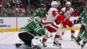 Jan 19, 2025; Dallas, Texas, USA; Detroit Red Wings right wing Christian Fischer (36) screens Dallas Stars goaltender Jake Oettinger (29) during the third period at the American Airlines Center. Mandatory Credit: Jerome Miron-Imagn Images