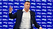 Nov 12, 2025; Foxborough, MA, USA; New England Patriots former player and current Fox Sports football analyst Rob Gronkowski speaks during a press conference where he signed a ceremonial one day contract at Gillette Stadium. Mandatory Credit: Eric Canha-Imagn Images