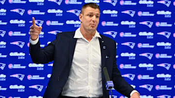 Nov 12, 2025; Foxborough, MA, USA; New England Patriots former player and current Fox Sports football analyst Rob Gronkowski speaks during a press conference where he signed a ceremonial one day contract at Gillette Stadium. Mandatory Credit: Eric Canha-Imagn Images